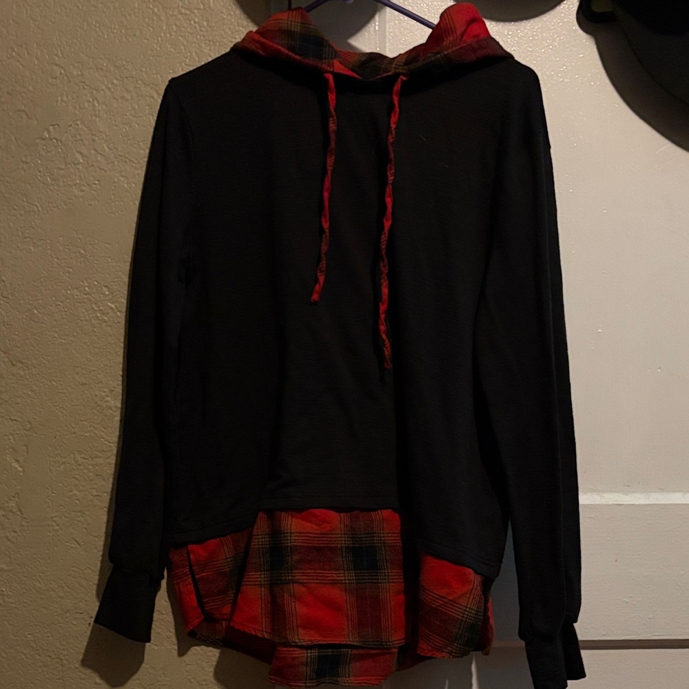 Black Hoodie with Red Plaid Trim